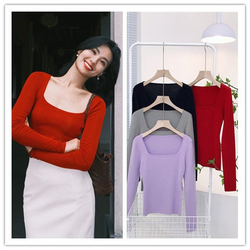 2000s fashion 7356 Autumn and Winter New 14-Pin Cashmere Hong Kong Style Retro Square Collar Leaky Collarbone Slim Slimming Sexy Sweater