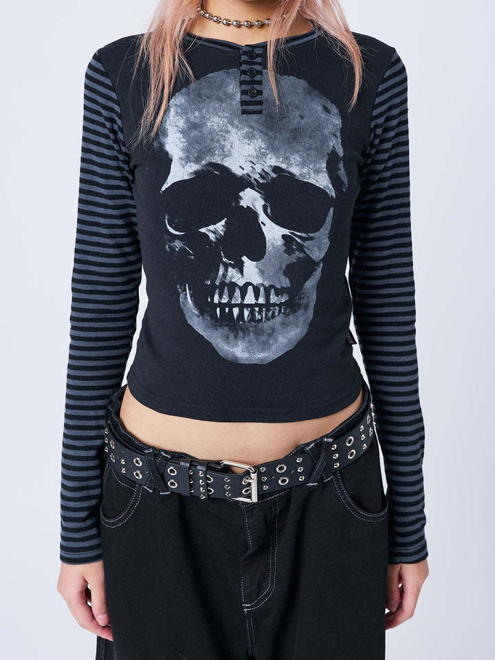 INS round Neck Skull Printed Short Long Sleeve Personalized Street Style Top Y2k2024