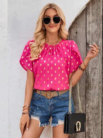 Sonicelife-Polka Dots Printed Round Neck Petal Sleeve Blouse