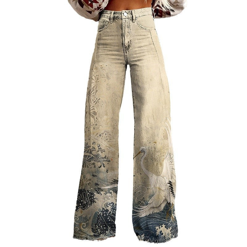 2000s fashion 2024 New 3D Thermal Transfer Flared Pants Simulation Denim Trousers Loose Pants