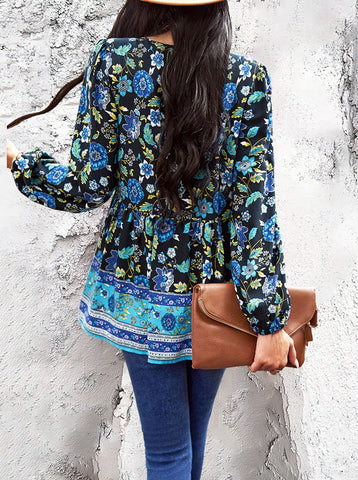 Sonicelife-Bohemian V-Neck Tassel Tie Long Sleeve Shirt