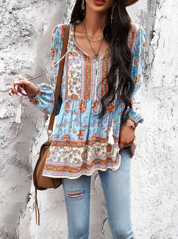 Sonicelife-Bohemian V-Neck Tassel Tie Long Sleeve Shirt