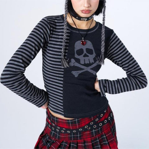 INS round Neck Skull Printed Short Long Sleeve Personalized Street Style Top Y2k2024