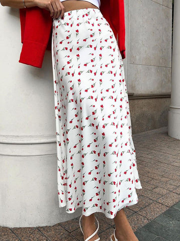 Sonicelife-Cross-border floral skirt European and American 2024 spring temperament elegant high waist A-line fishtail cherry print skirt