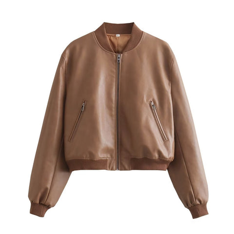 fashion inspo Pu Street Short Slim Autumn Stand Collar Motorcycle Pilot Jacket Coat Women's Jacket A19840