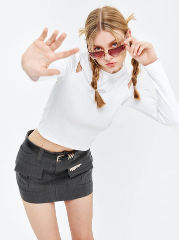 Sonicelife-Sexy White Backless Cut-Off Long-Sleeved Top