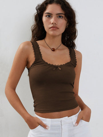 Sonicelife-Brown Tank Lace Sleeveless Crop Top