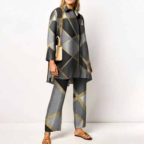 Sonicelife Women Sets Autumn Winter Geometric Color Block Patchwork Printed Straight Tube Suit Loose Style Two-piece Sets