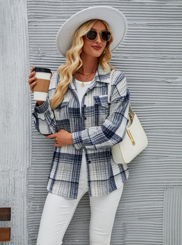 Sonicelife-Gray Plaid Button Up Classic Long Sleeve Cardigan