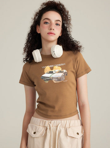 Sonicelife-Caramel Color Printed Short-Sleeved Raglan Style Sexy Top