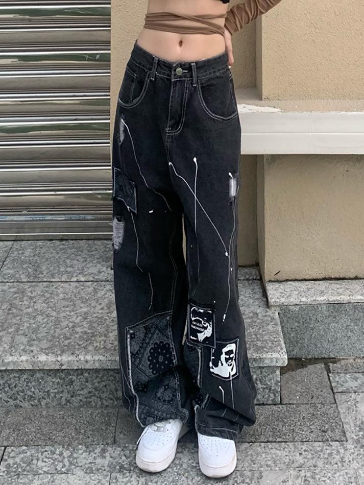 Sonicelife Patchwork Paisley Print Boyfriend Jeans