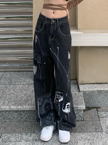Sonicelife Patchwork Paisley Print Boyfriend Jeans