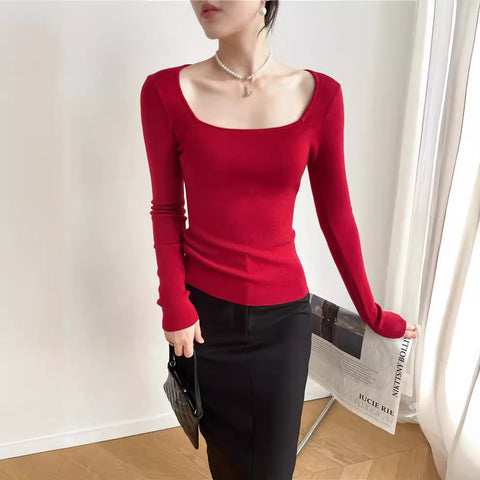 2000s fashion 7356 Autumn and Winter New 14-Pin Cashmere Hong Kong Style Retro Square Collar Leaky Collarbone Slim Slimming Sexy Sweater