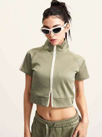 Sonicelife-Olive Green Half Turtle Collar Double Zipper Cardigan Short-Sleeved Top