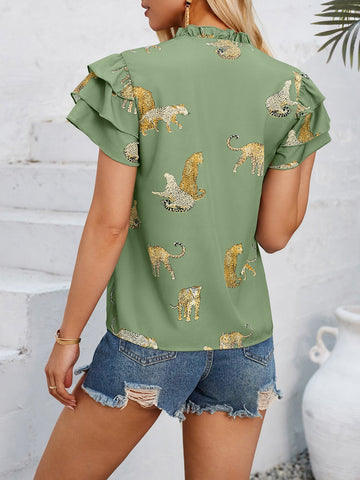 Sonicelife-Ruffled Printed Tie Neck Short Sleeve Blouse