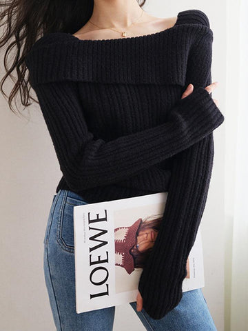 Sonicelife Solid Off Shoulder Knit Sweater