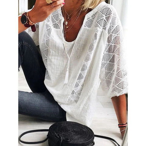 Sonicelife Large size loose cotton womens blouse 2023 summer women blouse tops fashion casual V-neck five-point sleeve lace women shirts 0508