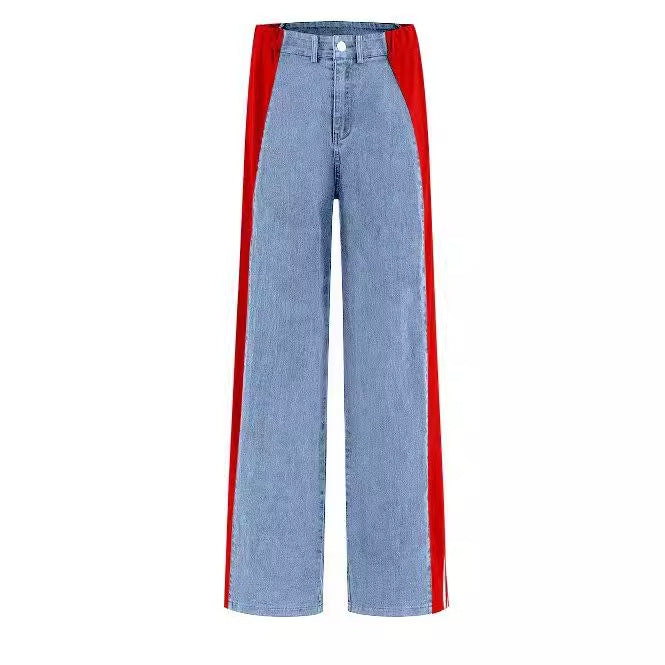 dti outfits 2024 Women's New Casual Fashion All-Match High Waist Stretch Contrast Color Knitted Stitching Denim Straight Trousers
