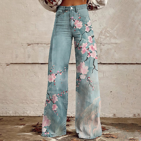 2000s fashion 2024 New 3D Thermal Transfer Flared Pants Simulation Denim Trousers Loose Pants