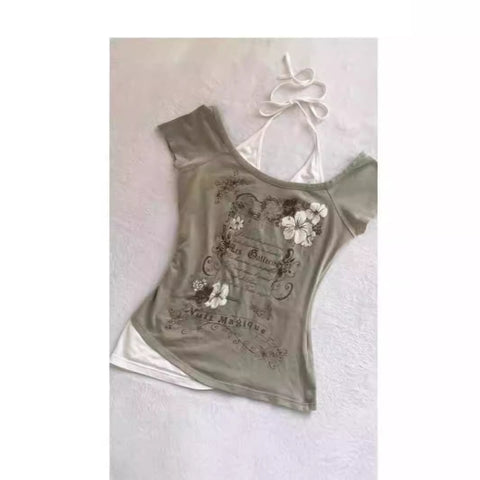 Sonicelife American Retro Halter Neck Printed T-shirt 2024 Summer Streetwear Hot Girl Slim Millennium Harajuku Fashion Casual Women Clothes