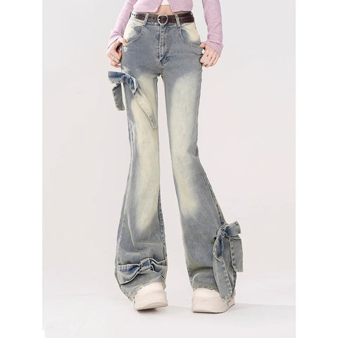 y2k American Style Retro Bow Micro Flared Jeans for Women 2024 New Summer High Waist Mopping Pants Fashion