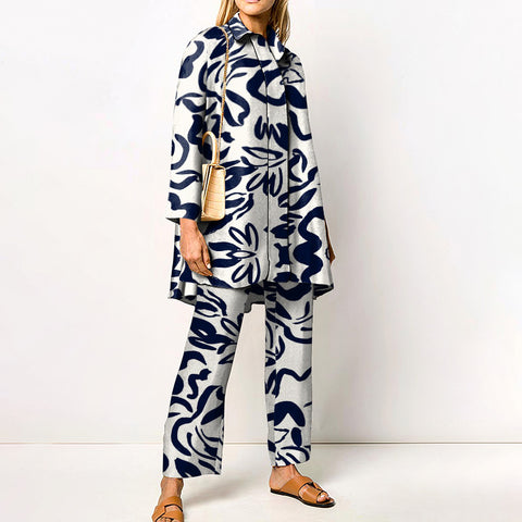 Sonicelife Women Sets Autumn Winter Geometric Color Block Patchwork Printed Straight Tube Suit Loose Style Two-piece Sets