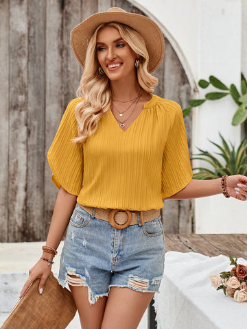 Sonicelife-Solid Color V-Neck Slim Hollow Tops