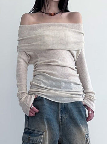 Sonicelife-Off Shoulder Long Sleeve Elegant Plain Knit Shirt