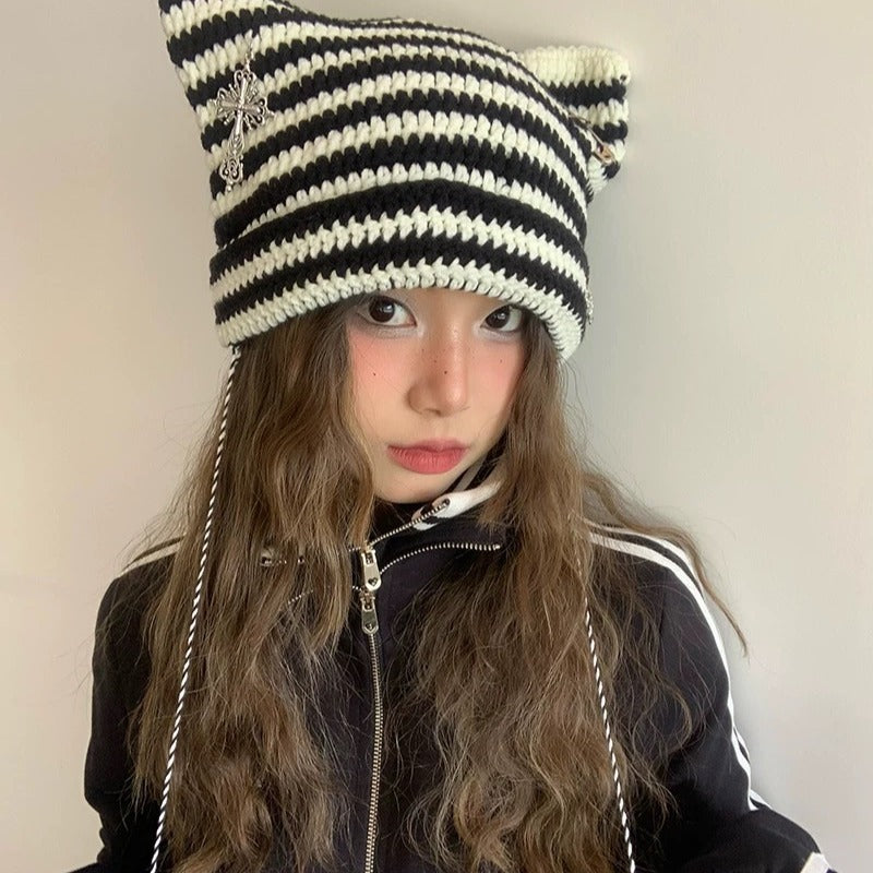 grunge outfits Fur Ball Style Ins Little Devil Striped Knitted Wool Hat Punk Style Cat Ears Cute Pointed Hat Curling Cold Hat