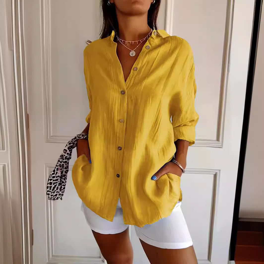 fashion outfits 2024 Single-Breasted Pleated Lapel Shirt Women's Solid Color Sleeve Top