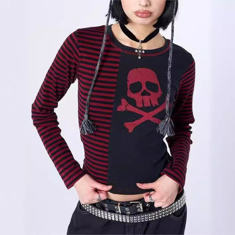 INS round Neck Skull Printed Short Long Sleeve Personalized Street Style Top Y2k2024