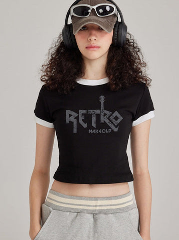 Sonicelife-Black Printed Round Collar Short-Sleeved Top