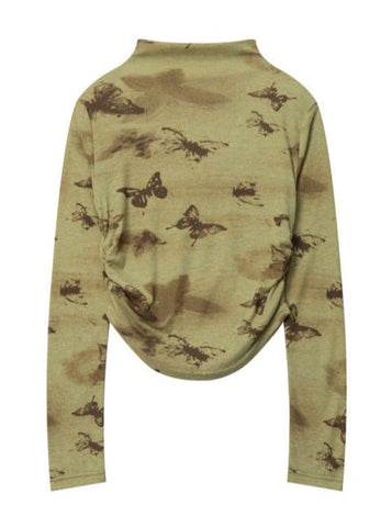 Sonicelife-Half Turtle Neck Butterfly Print Pleated Top