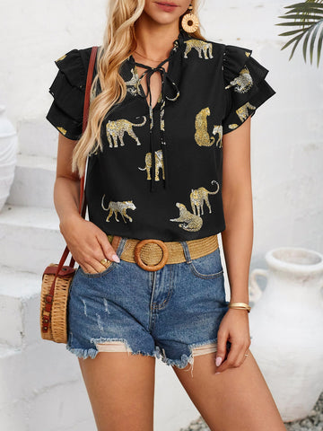 Sonicelife-Ruffled Printed Tie Neck Short Sleeve Blouse
