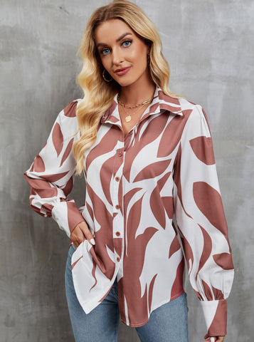 Sonicelife-Abstract Print Casual Loose Long Sleeve Button Down Shirt