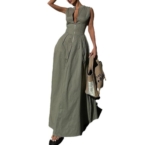dress to impress outfits 2024 New Fashion Ladies Fashion Casual Sleeveless Solid Color Waist Dress