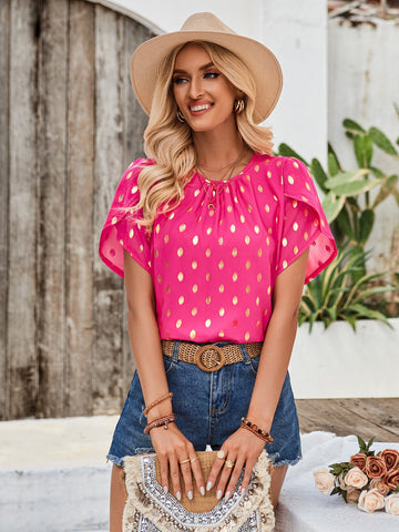 Sonicelife-Polka Dots Printed Round Neck Petal Sleeve Blouse