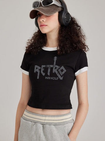 Sonicelife-Black Printed Round Collar Short-Sleeved Top