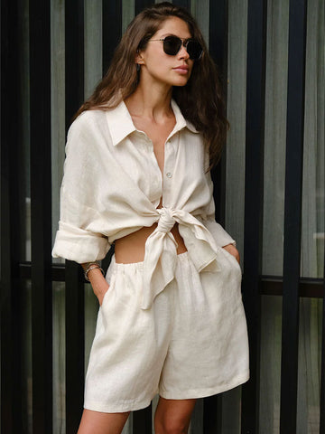 Sonicelife-Cross-border shirt suit European and American 2024 summer new women's holiday leisure loose long-sleeved shirt + shorts suit