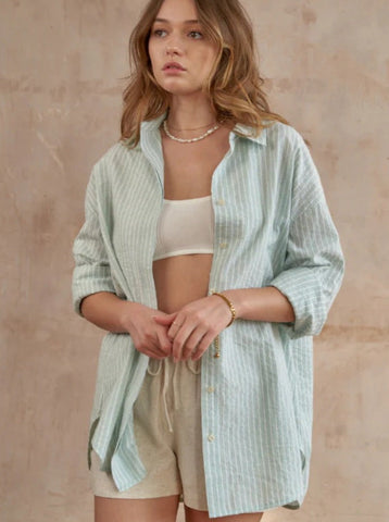 Sonicelife-Casual Green Loose Button Down Striped Long Sleeve Shirt