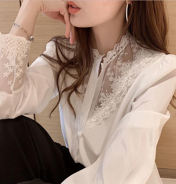 Sonicelife New Elegant Long Sleeve Ladies Tops Blouses Button Casual White Shirt Women Ruffles Collar Fit Slim Women Lace Patchwork Blouse
