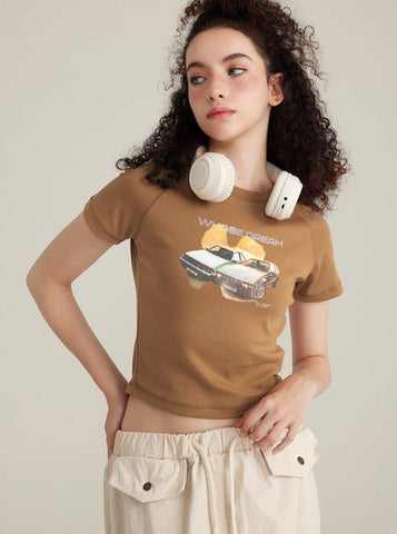 Sonicelife-Caramel Color Printed Short-Sleeved Raglan Style Sexy Top