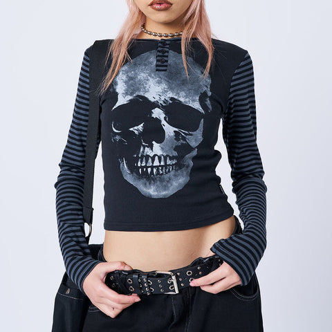 INS Style Women's Clothing Spring New Abstract Skull Printed Long-Sleeved T-shirt Personality Striped Top