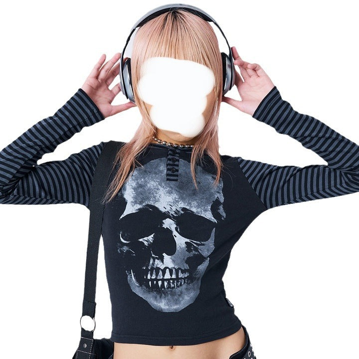 INS Style Women's Clothing Spring New Abstract Skull Printed Long-Sleeved T-shirt Personality Striped Top