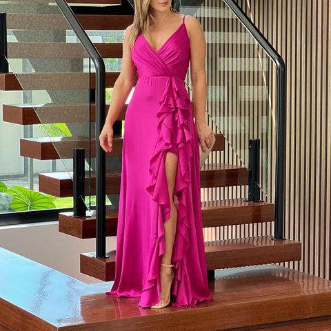 prom dresses Women's 2024 Summer New Strap V-neck High Waist Ruffled Irregular Slit Dress Dress