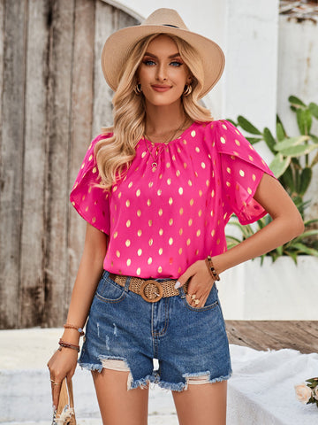 Sonicelife-Polka Dots Printed Round Neck Petal Sleeve Blouse