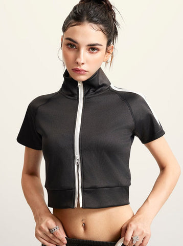 Sonicelife-Charcoal Gray Half Turtle Collar Double Zipper Cardigan Short-Sleeved Top
