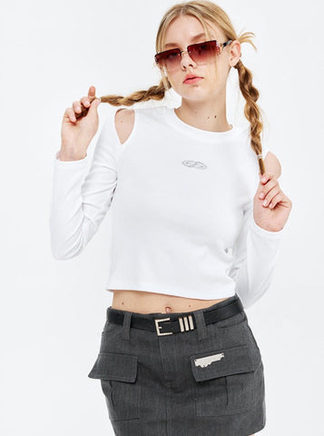 Sonicelife-Sexy White Backless Cut-Off Long-Sleeved Top