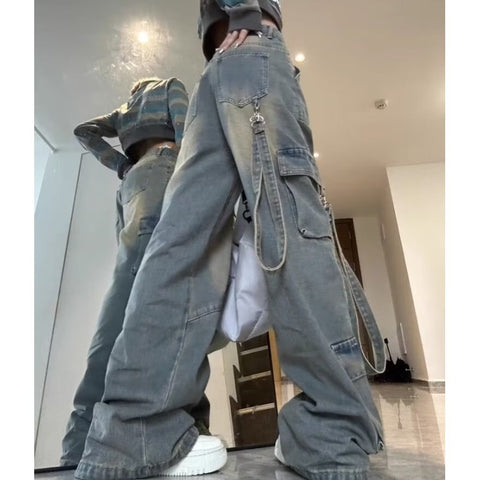 grunge outfits American High Street Vibe Hot Girl Workwear Jeans Women's Small High Waist Loose Slimming Wide Leg Straight Trousers Fashion