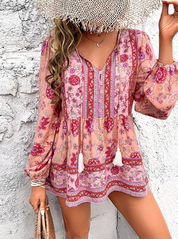 Sonicelife-Bohemian V-Neck Tassel Tie Long Sleeve Shirt
